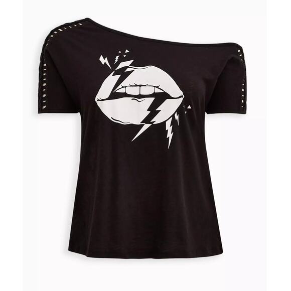 NWT Torrid Lattice Off Shoulder Tee - Heritage Slub Lips Black Size 2 - Picture 3 of 10